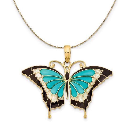 14k Yellow Gold & Aqua Clear Acrylic Butterfly Necklace - 18 Inch - Picture 1 of 6